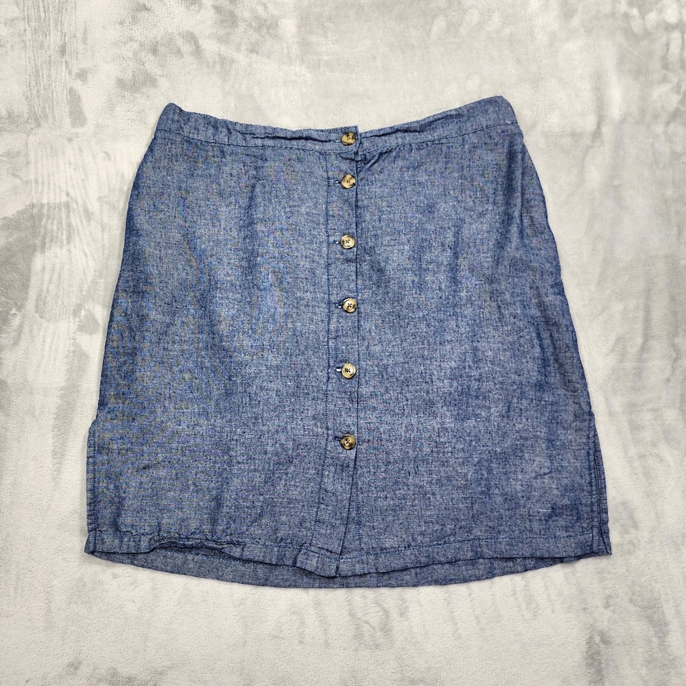 Dā-sh Skirt Womens 1X Blue Chambray Linen Blend Button Front Elastic Waist Lined